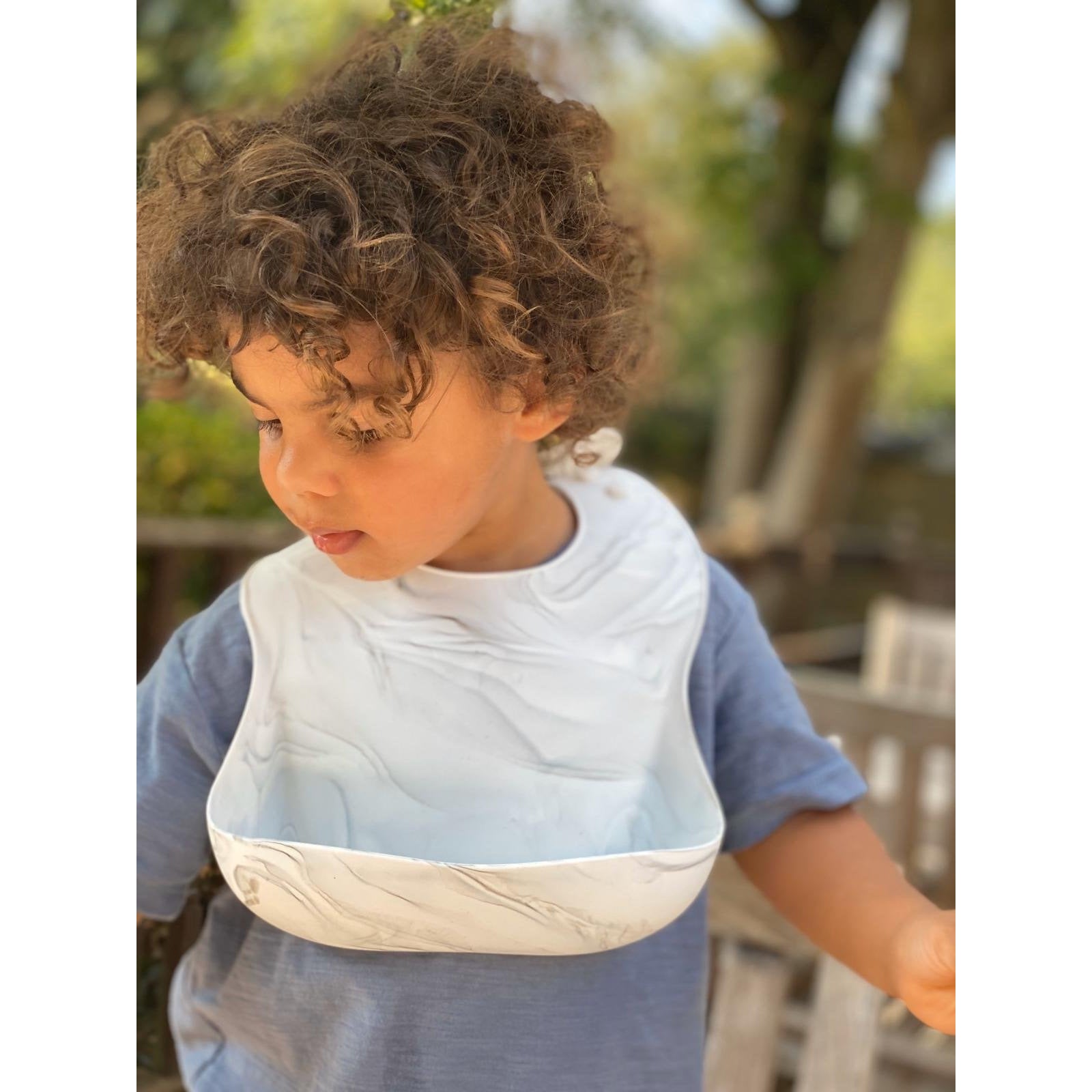 Comfort Bib | Adjustable-Fit | Easy Clean | No-Mess | No-Spill | Deep Catch (White Marble)