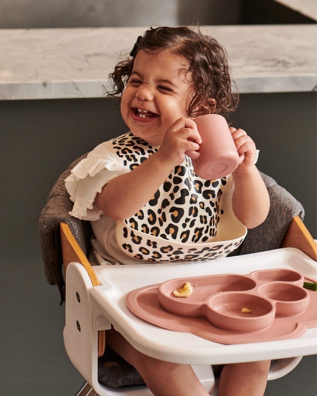 Comfort Bib | Adjustable-Fit | Easy Clean | No-Mess | No-Spill | Deep Catch (Off white Leopard)