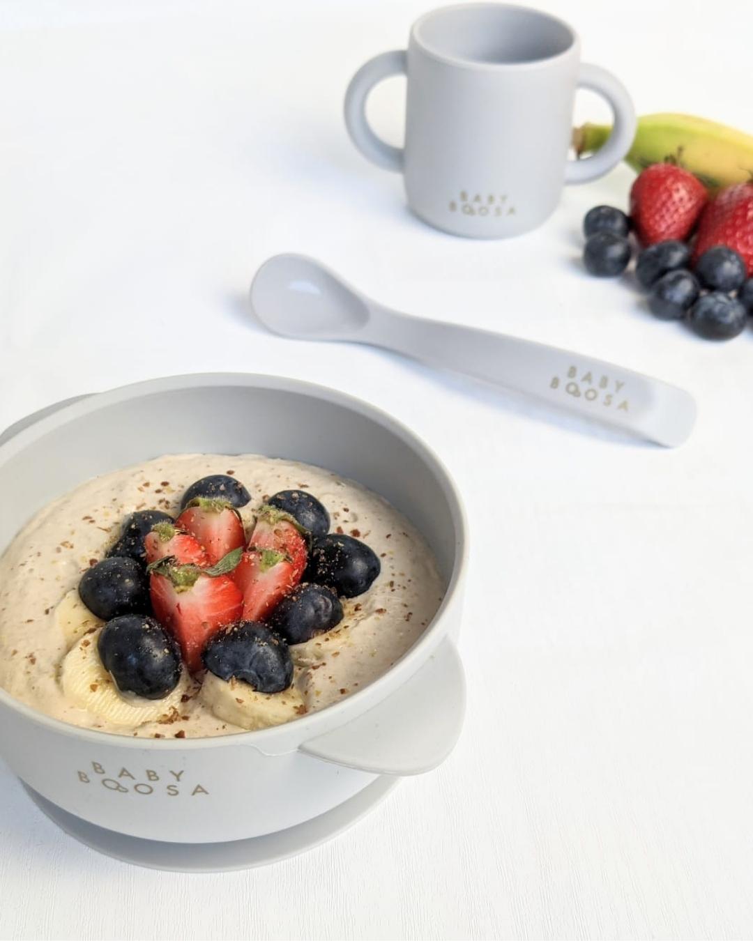 Bowl + Lid + Spoon Set | Grippy Suction | No-Spill | Easy Clean | Teething Soft Spoon (Concrete Grey)