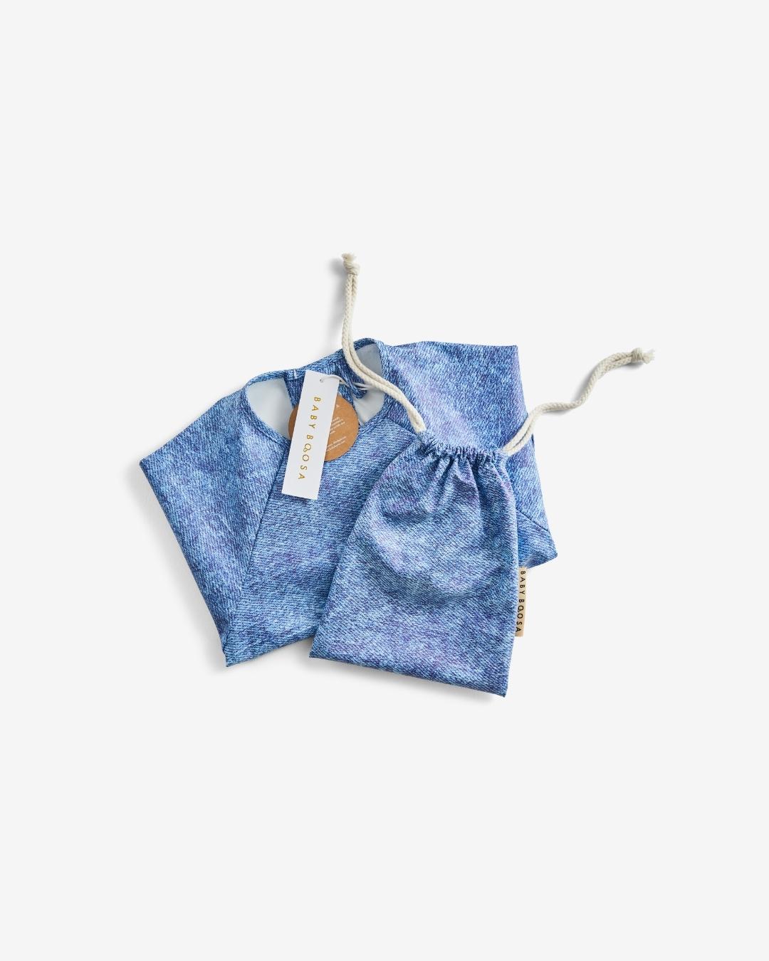 Comfort Fit Coverall Bib | Adjustable Neck & Arms | Easy Clean | No-mess | Waterproof | Eco Recycled (Denim Blue Print)