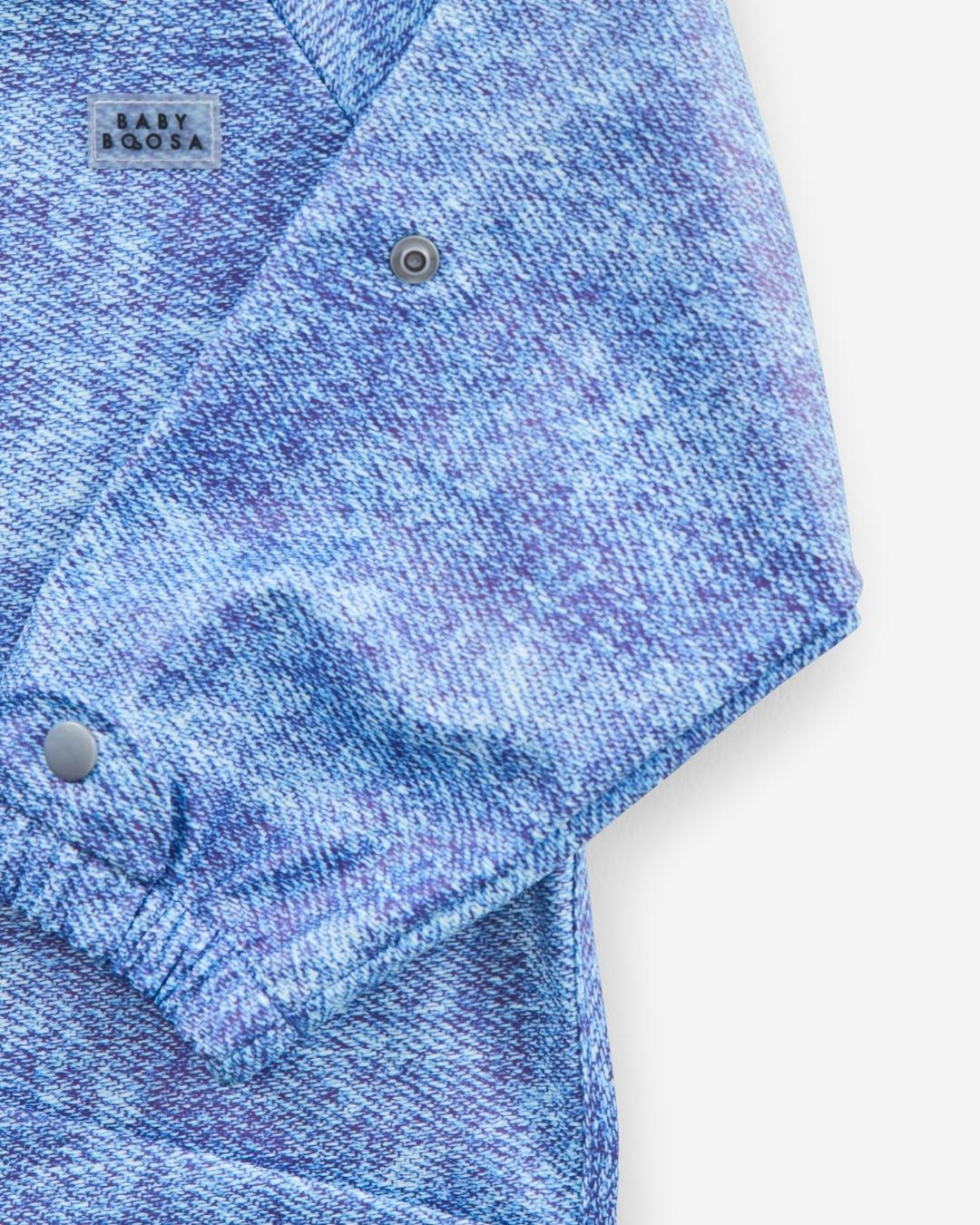 Comfort Fit Coverall Bib | Adjustable Neck & Arms | Easy Clean | No-mess | Waterproof | Eco Recycled (Denim Blue Print)