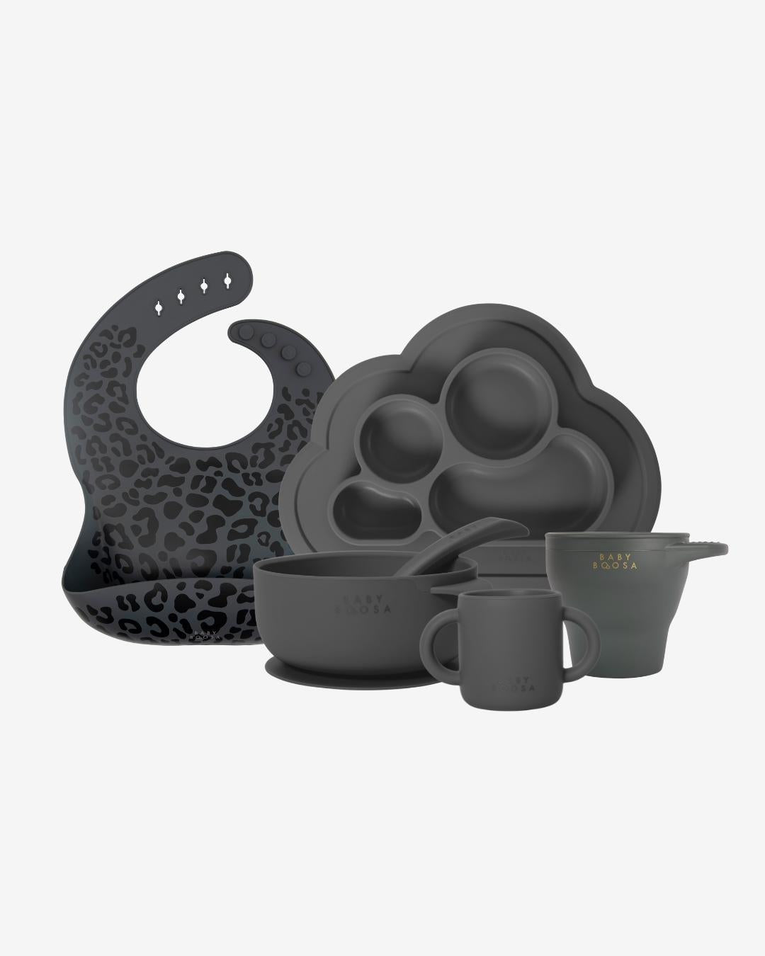 Weaning Gift Set | Luxe Silicone | All you need Essentials | Mess-Free | Grippy non-slip suction | Easy Clean | Dentist Developed (Charcoal Grey) - £84 Value