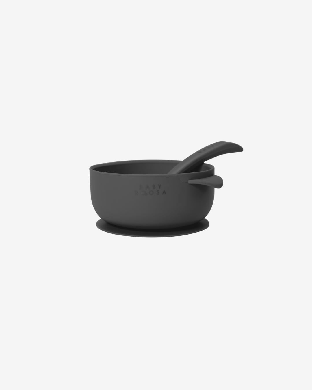 Bowl + Lid + Spoon Set | Grippy Suction | No-Spill | Easy Clean | Teething Soft Spoon (Charcoal Grey)