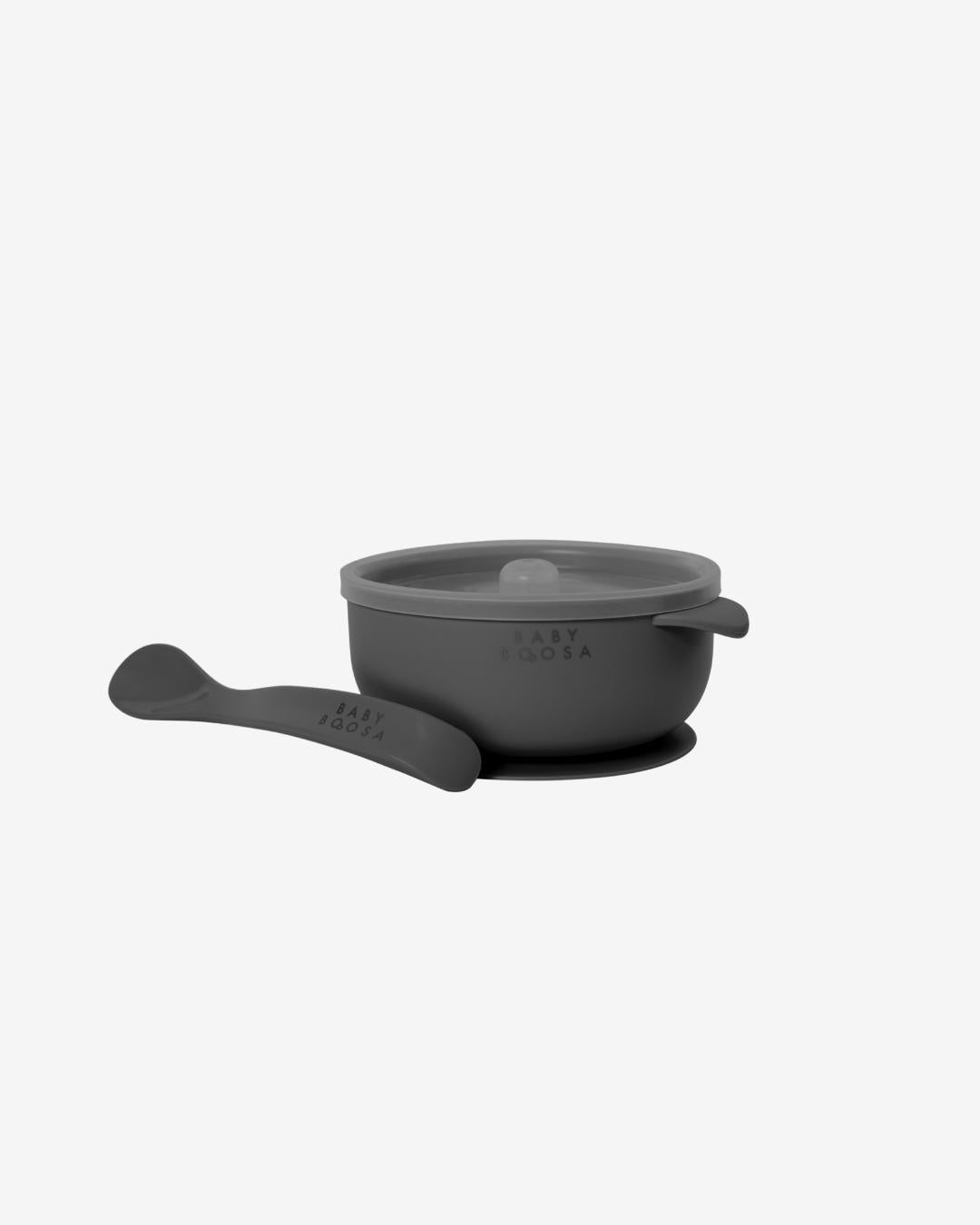Bowl + Lid + Spoon Set | Grippy Suction | No-Spill | Easy Clean | Teething Soft Spoon (Charcoal Grey)