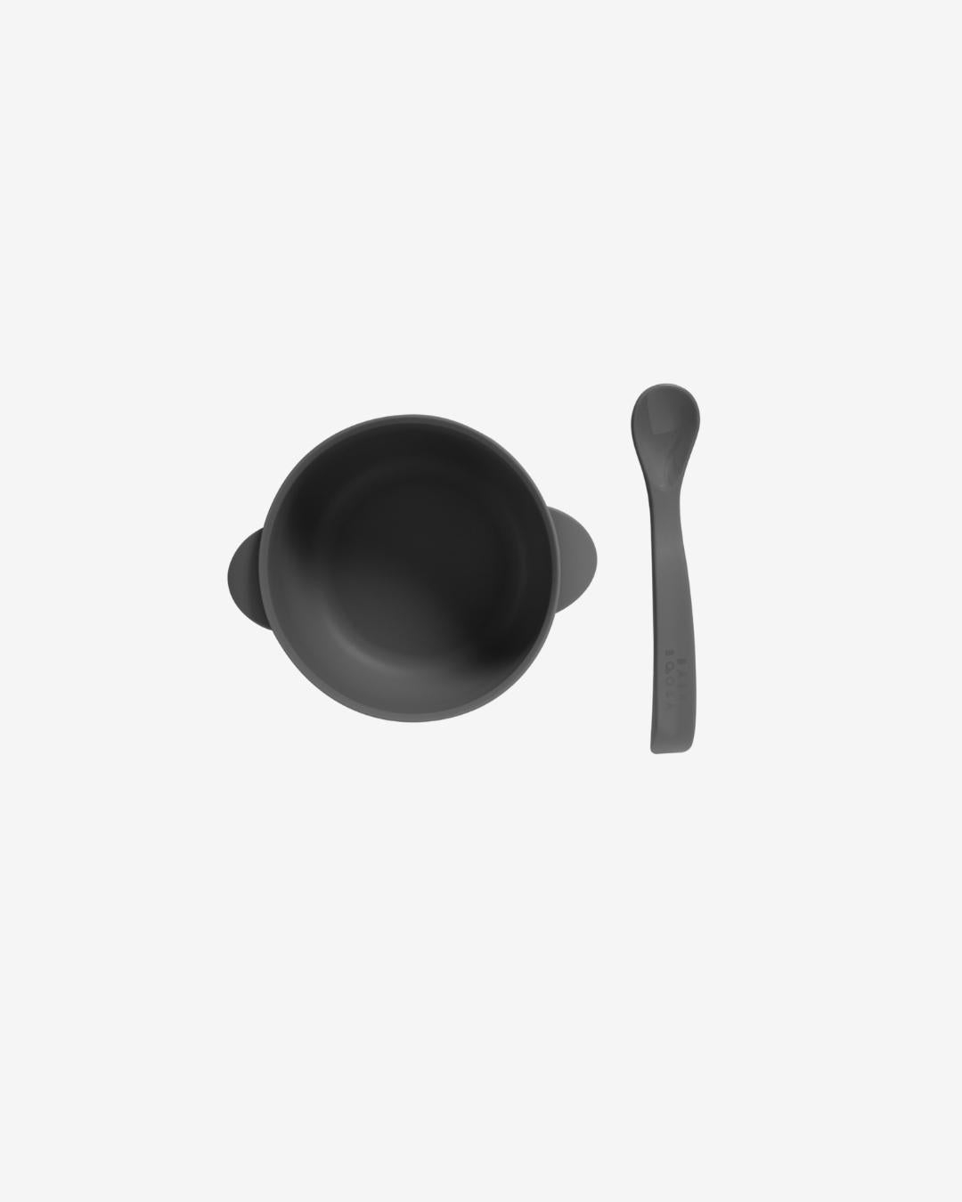 Bowl + Lid + Spoon Set | Grippy Suction | No-Spill | Easy Clean | Teething Soft Spoon (Charcoal Grey)