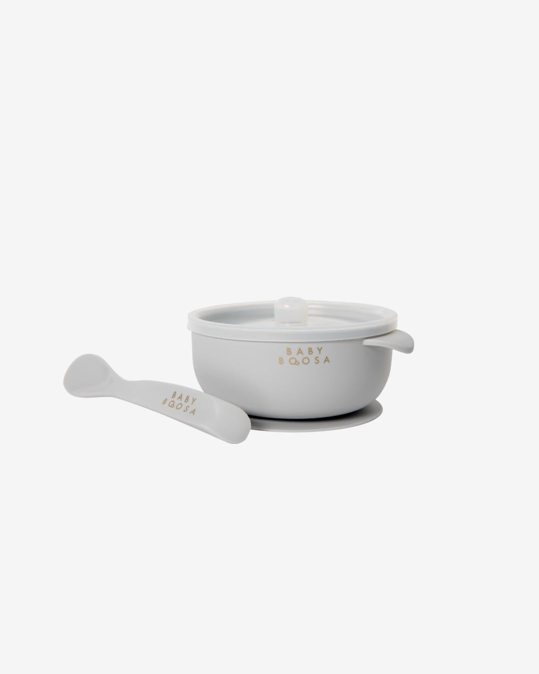 Bowl + Lid + Spoon Set | Grippy Suction | No-Spill | Easy Clean | Teething Soft Spoon (Concrete Grey)