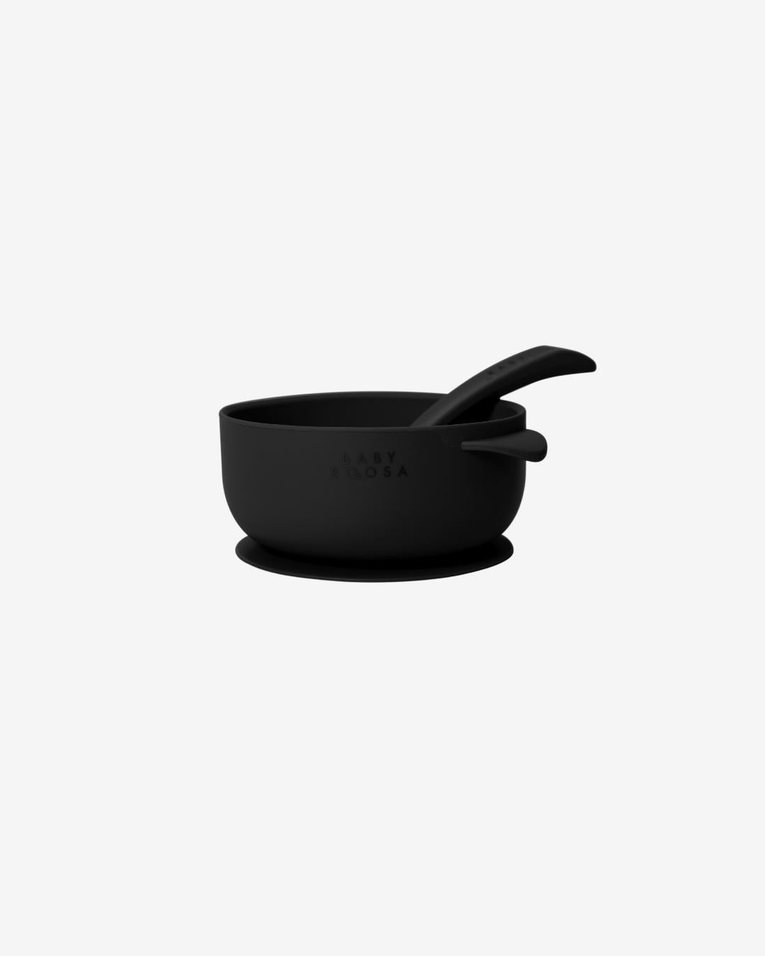 Bowl + Lid + Spoon Set | Grippy Suction | No-Spill | Easy Clean | Teething Soft Spoon (Milano Black)