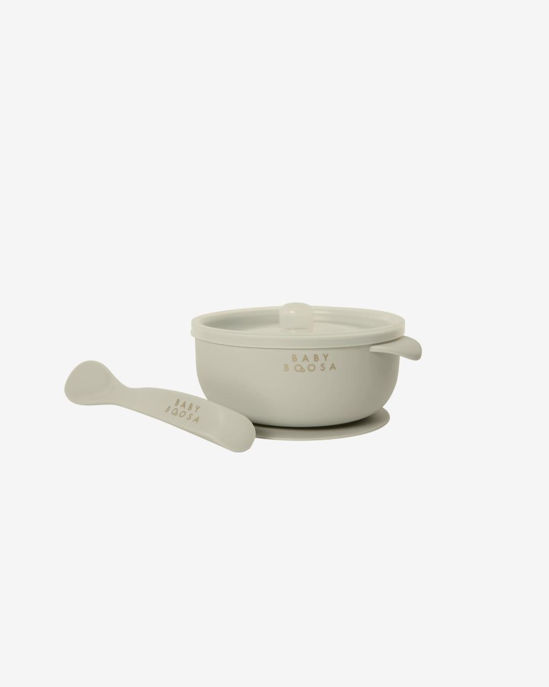 Bowl + Lid + Spoon Set | Grippy Suction | No-Spill | Easy Clean | Teething Soft Spoon | Salted Caramel