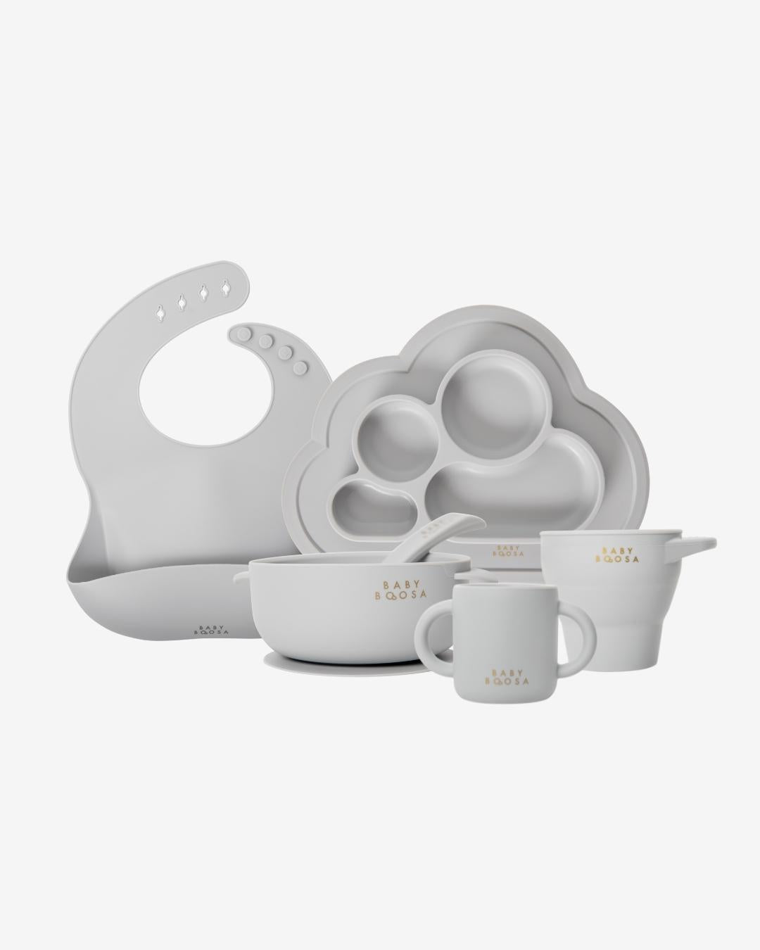 Weaning Gift Set | Luxe Silicone | All you need Essentials | Mess-Free | Grippy non-slip suction | Easy Clean | Dentist Developed (Concrete Grey) - £80 Value