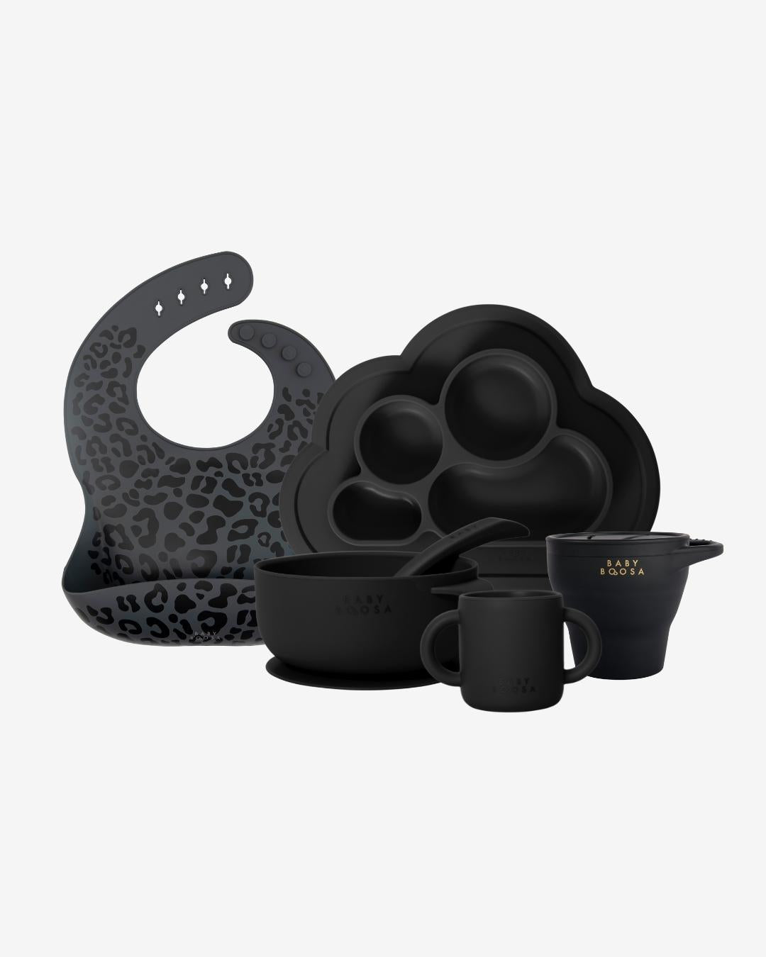 Weaning Gift Set | Luxe Silicone | All you need Essentials | Mess-Free | Grippy non-slip suction | Easy Clean | Dentist Developed (Milano Black) - £84 Value