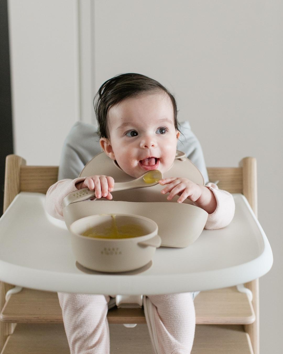 Bowl + Lid + Spoon Set | Grippy Suction | No-Spill | Easy Clean | Teething Soft Spoon | Salted Caramel